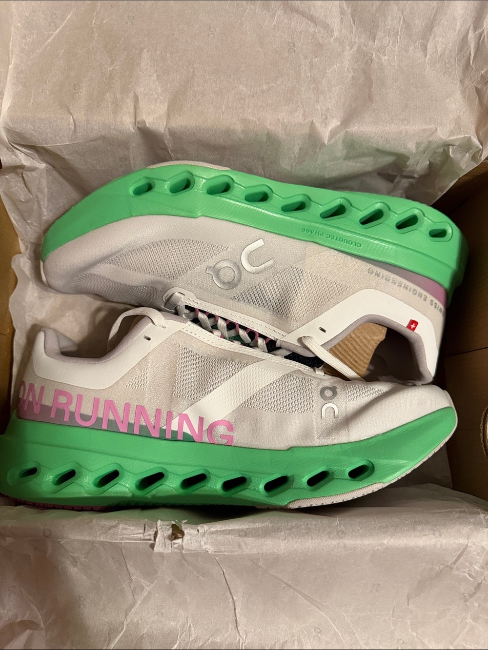 On Cloud Men’s Running Shoes White with Mint Green Sole and Pink Branding